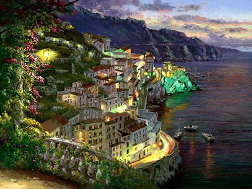 S. Sam Park Limited Edition Hand Embellished Serigraph on Canvas:"Lights of Amalfi [Campania]"