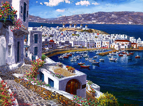 S. Sam Park Limited Edition Hand Embellished Serigraph on Canvas:"Mykonos Harbor"