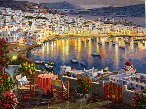 S. Sam Park Limited Edition Hand Embellished Serigraph on Canvas: "Mykonos Sunset"