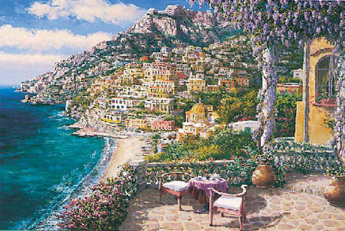 S. Sam Park Limited Edition Hand Embellished Serigraph on Canvas: "Positano Patio"