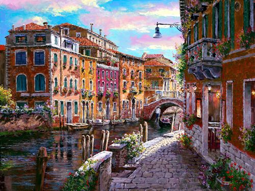 S. Sam Park Limited Edition Hand Embellished Serigraph on Canvas: "Shimmering Canal"