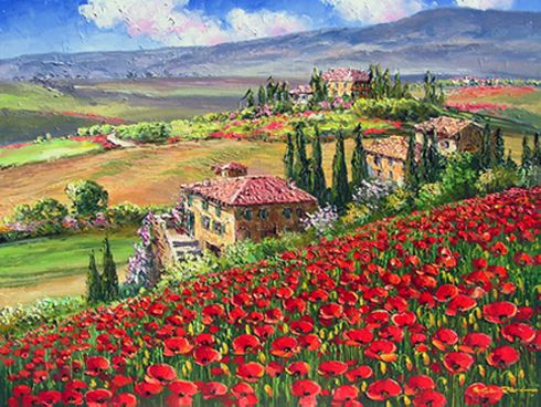 S. Sam Park Limited Edition Hand Embellished Serigraph on Canvas:"Tuscany Villa [Toscana]"