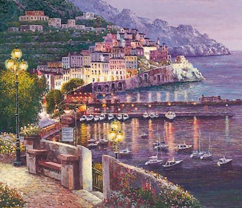 S. Sam Park Limited Edition Hand Embellished Serigraph on Canvas:"Twilight at Amalfi"