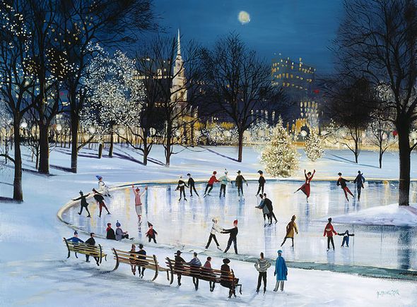 Sally Caldwell Fisher Open Edition Fine Art Canvas Gicl&eacute;e:"Skating at Frog Pond"