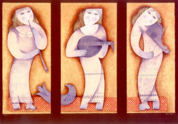 Samy Briss Hand Signed and Numbered Limited Edition Serigraph on Paper: " Musicians and Blue Birds(full) "