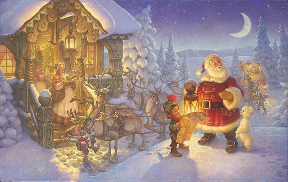 Scott Gustafson Artist Hand Signed Open Edition Gallery Wrap Canvas Giclee:"Santa at the North Pole"