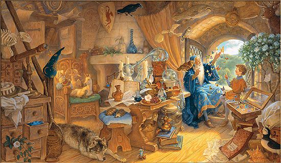 Scott Gustafson Handsigned and Numbered Limited Edition Giclee on Canvas:"Merlin and Arthur "