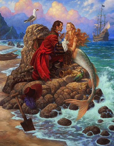 Scott Gustafson Artist Signed Limited Edition Canvas Giclee:"The Pirate and the Mermaid"