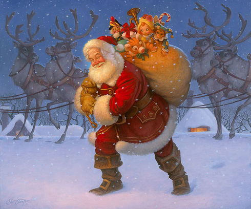Scott Gustafson Open Edition Fine Art Canvas Gicl&eacute;e:"Santa with Reindeer"