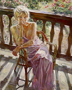 Sebastia Boada Handsigned and Numbered Limited Edition Embellished Giclee on Canvas:"Thoughts on the Terrace"