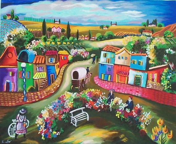 Shlomo Alter Hand Signed and Numbered Limited Edition Serigraph on Wood: " Busy day in the Country "
