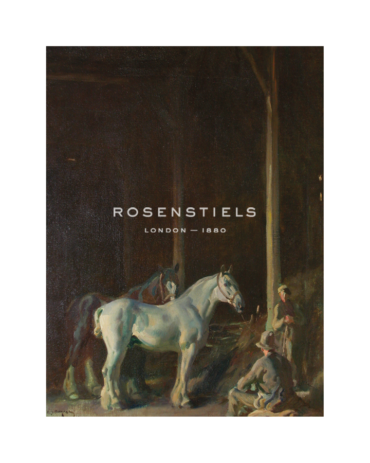 Sir Alfred Munnings Hand Numbered Limited Edition Print on Paper :"Percherons and Stable Men in a Barn"