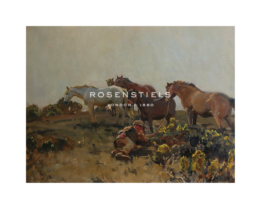 Sir Alfred Munnings Hand Numbered Limited Edition Print on Paper :"Shrimp with Ponies in the Ringland Hills Near Norwich"