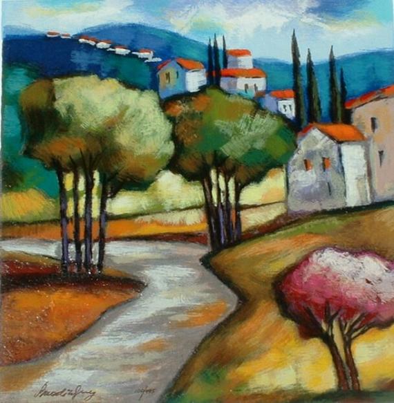 Slava Brodinsky Hand Signed and Numbered Limited Edition Serigraph on Paper: " A Walk to the Village "