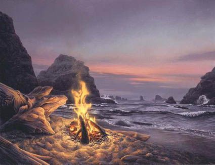 STEPHEN E LYMAN 27X22 Secondary Market Art: "BEACH BONFIRE"