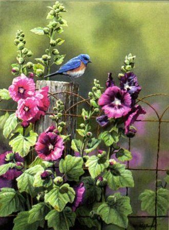 Susan Bourdet Handsigned and Numbered Limited Edition Print:"Bluebirds and Hollyhocks"