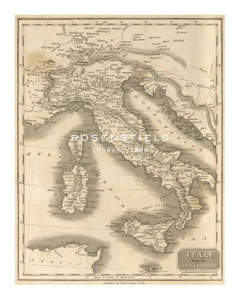 T. Clerk Hand Numbered Limited Edition Print on Paper :"Map of Italy with the Alpine Country"