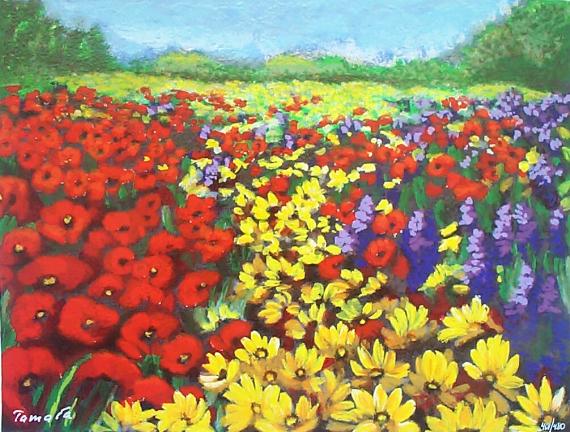 Tamara Spolianski Hand Signed and Numbered Limited Edition Serigraph on Paper: " Flower Landscape I "