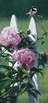 Terry Isaac Handsigned & Numbered Limited Edition Print:" Chicadee and Peonies"