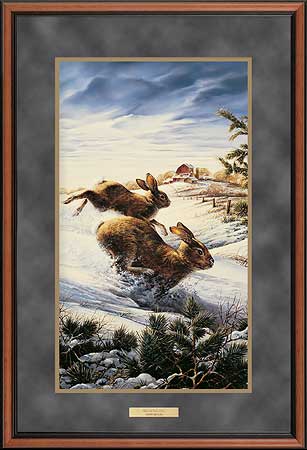 Terry Redlin Deluxe Walnut Framed Print with Suede Mat : "Hightailing Cottontail Rabbits"