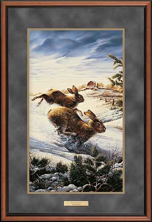 Terry Redlin Deluxe Walnut Framed Print with Suede Mat : "Hightailing Cottontail Rabbits"