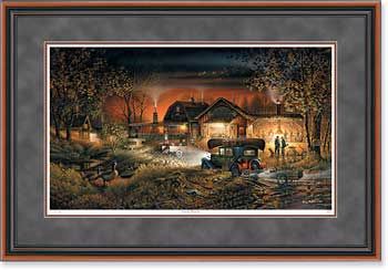 Terry Redlin Handsigned and Numbered Limited Edition: "Walnut Framed Morning Warm-Up Print"