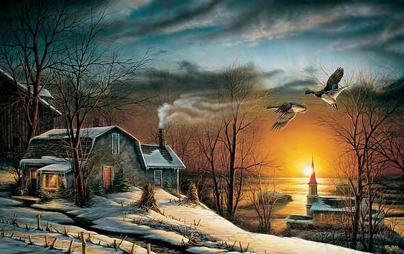 Terry Redlin Signed by the Artist Open Edition Paper Lithograph:"Sharing Season I (2013 Holiday Print)"