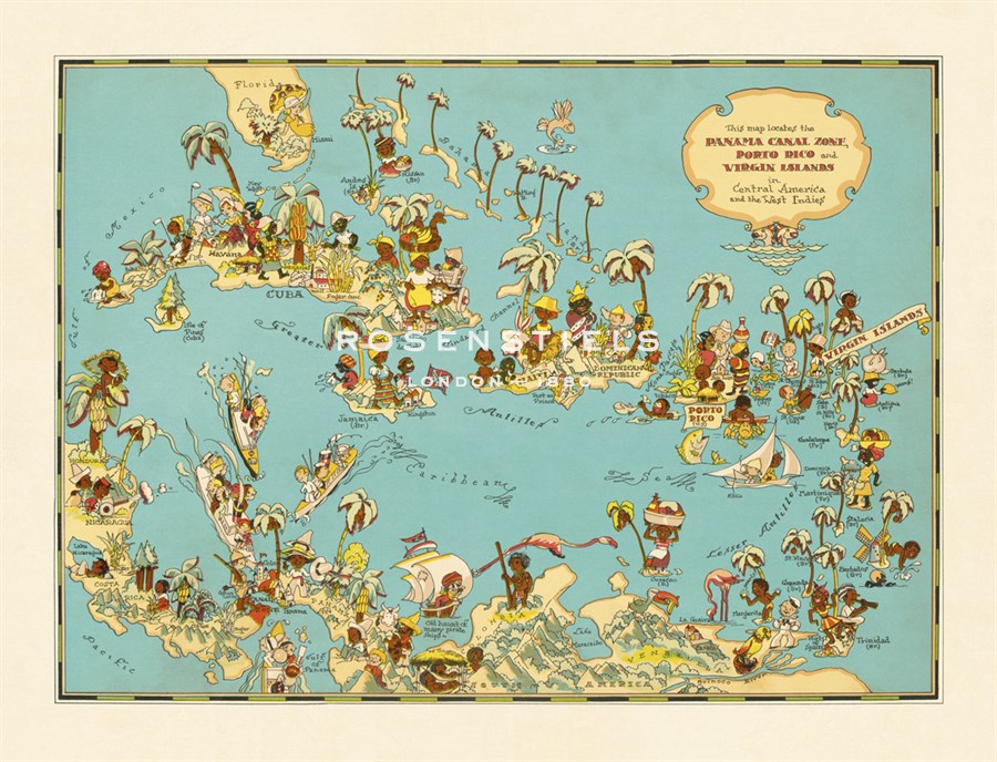 The Vintage Collection Hand Numbered Limited Edition Print on Paper :"Caribbean Map: Sunshine and Happiness"