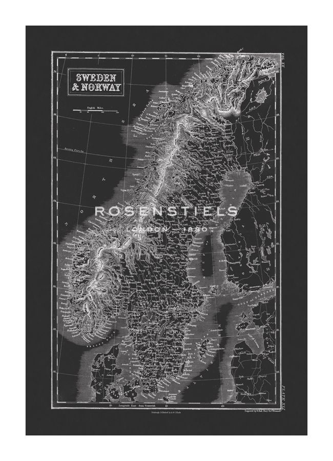 The Vintage Collection Hand Numbered Limited Edition Print on Paper :"Sweden and Norway Map - Noir"