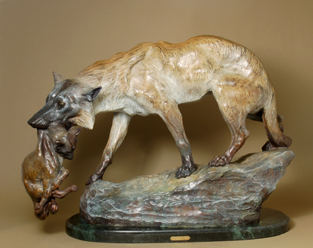 Thomas-Francois Cartier Handcrafted Solid Bronze Sculpture:"Wolf with Cub"