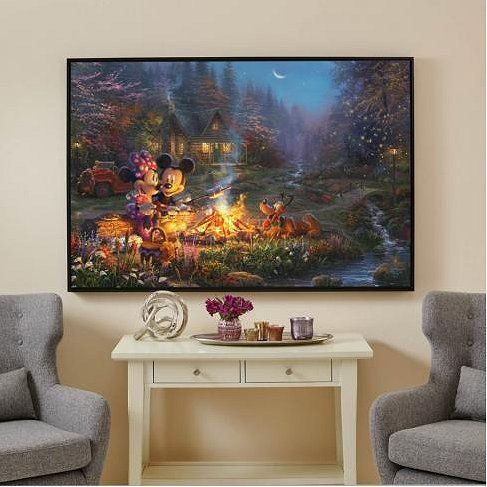 Thomas Kinakde Framed 40x60 Gallery Wrapped Canvas:"Mickey and Minnie Sweetheart Campfire"