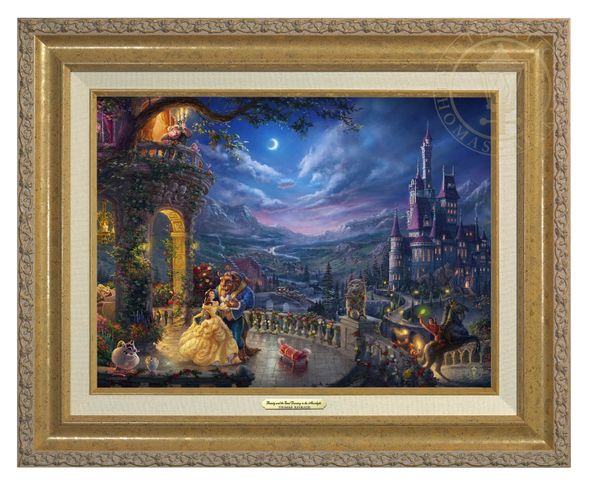 Thomas Kinkade 12" x 16" Framed Canvas Classics:"Disney Beauty and the Beast Dancing in the Moonlight"