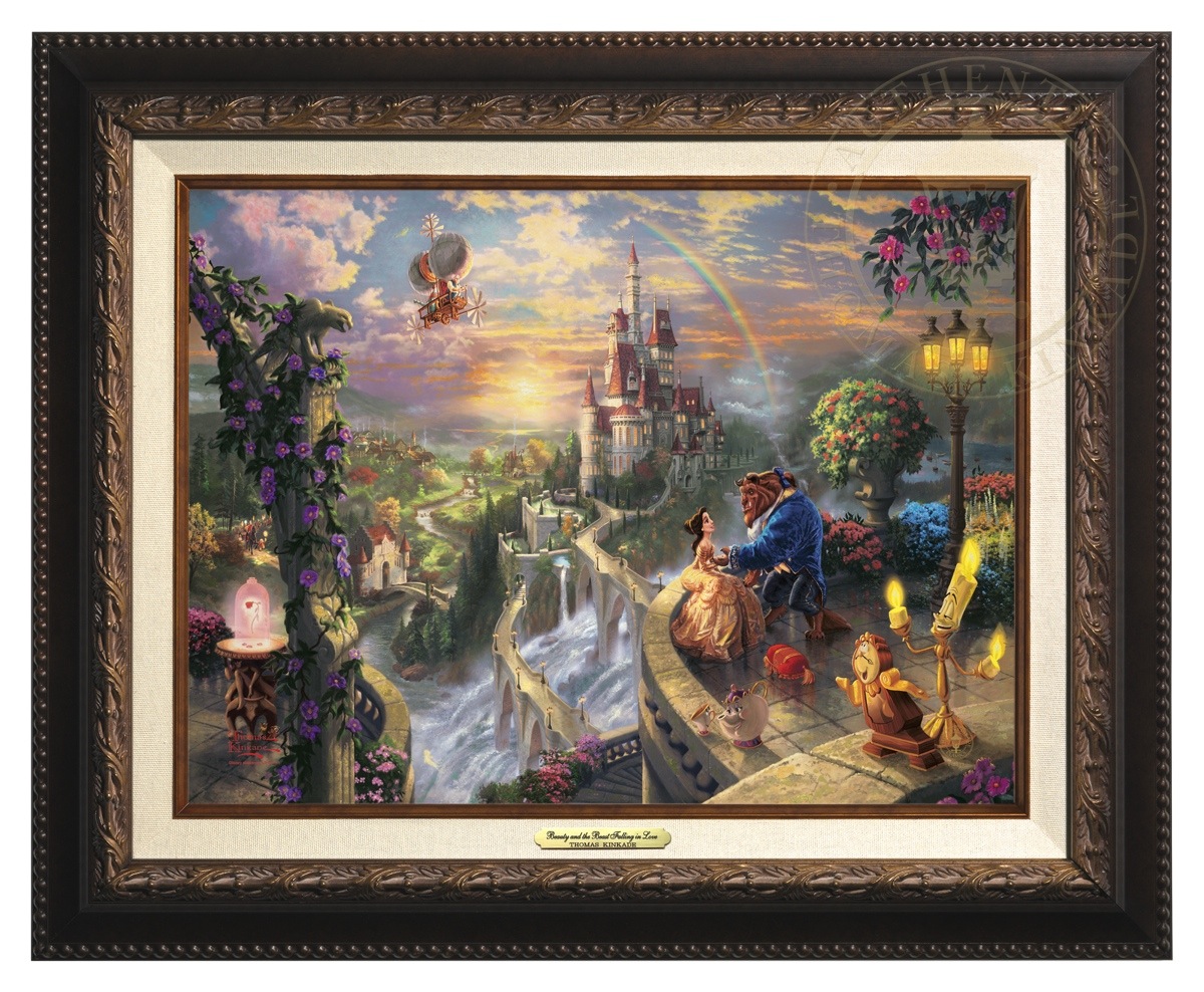 Thomas Kinkade 12" x 16" Framed Canvas Classics:"Disney Beauty and the Beast Falling in Love"