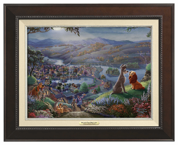 Thomas Kinkade 12" x 16" Framed Canvas Classics:"Disney Lady and the Tramp Falling in Love"