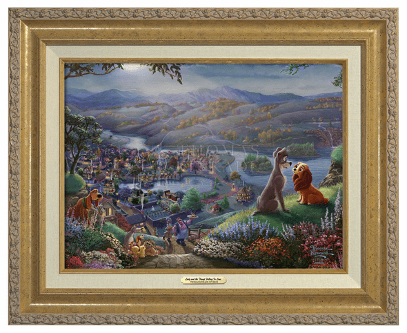 Thomas Kinkade 12" x 16" Framed Canvas Classics:"Disney Lady and the Tramp Falling in Love"