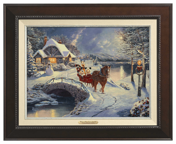 Thomas Kinkade 12" x 16" Framed Canvas Classics:"Disney Mickey and Minnie Evening Sleigh Ride"