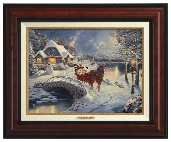 Thomas Kinkade 12" x 16" Framed Canvas Classics:"Disney Mickey and Minnie Evening Sleigh Ride"