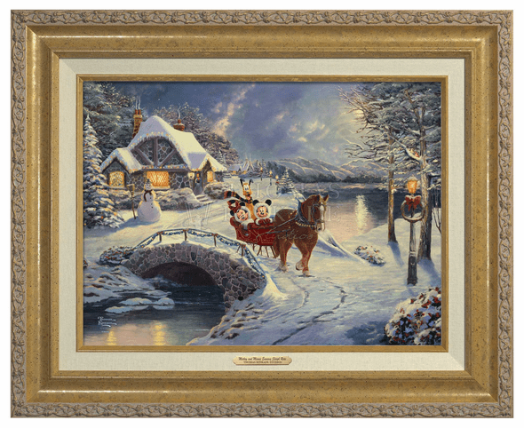 Thomas Kinkade 12" x 16" Framed Canvas Classics:"Disney Mickey and Minnie Evening Sleigh Ride"