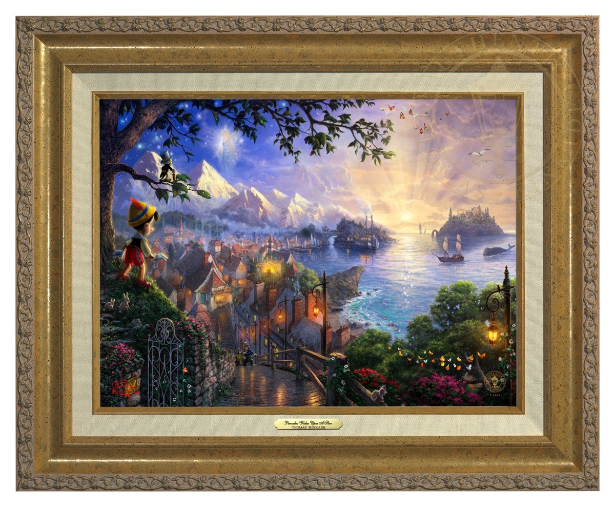 Thomas Kinkade 12" x 16" Framed Canvas Classics:"Disney Pinocchio Wishes Upon A Star"