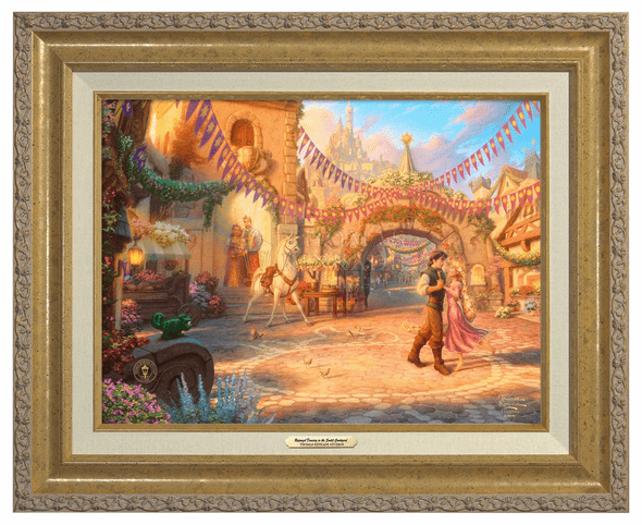 Thomas Kinkade 12" x 16" Framed Canvas Classics:"Disney Rapunzel Dancing in the Sunlit Courtyard"