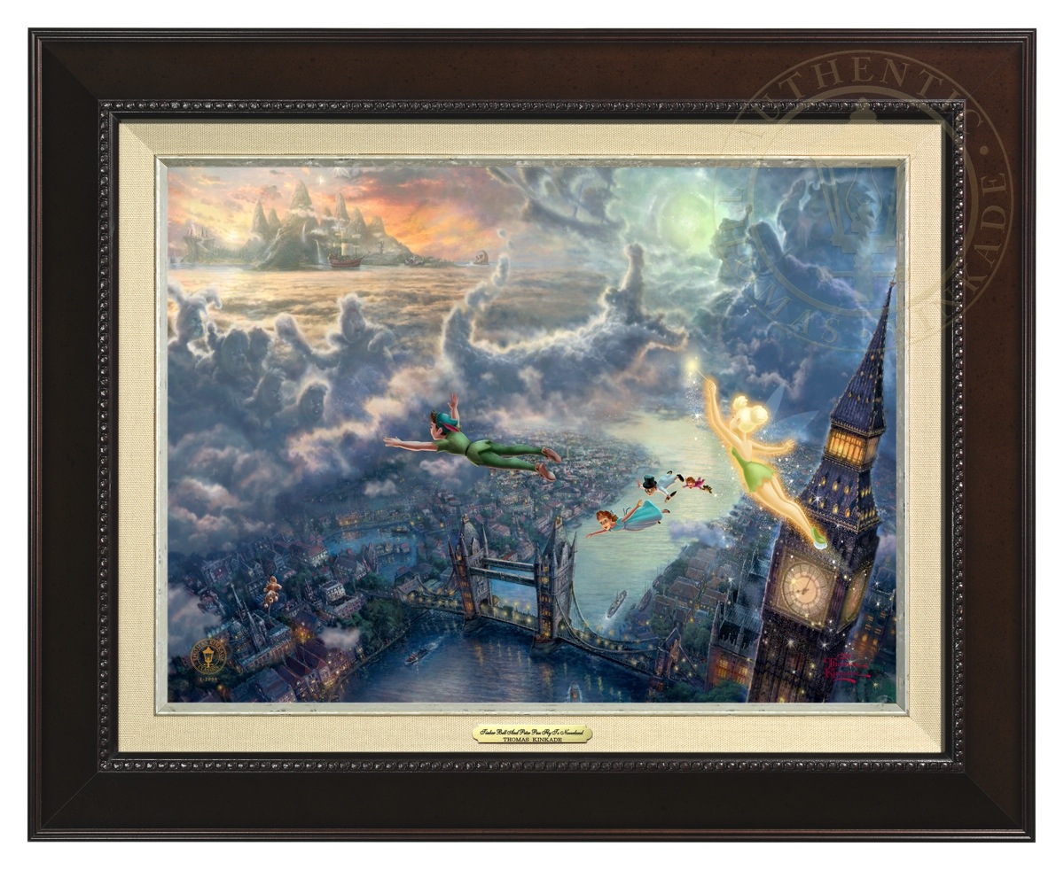 Thomas Kinkade 12" x 16" Framed Canvas Classics:"Disney Tinker Bell and Peter Pan Fly to Never Land"