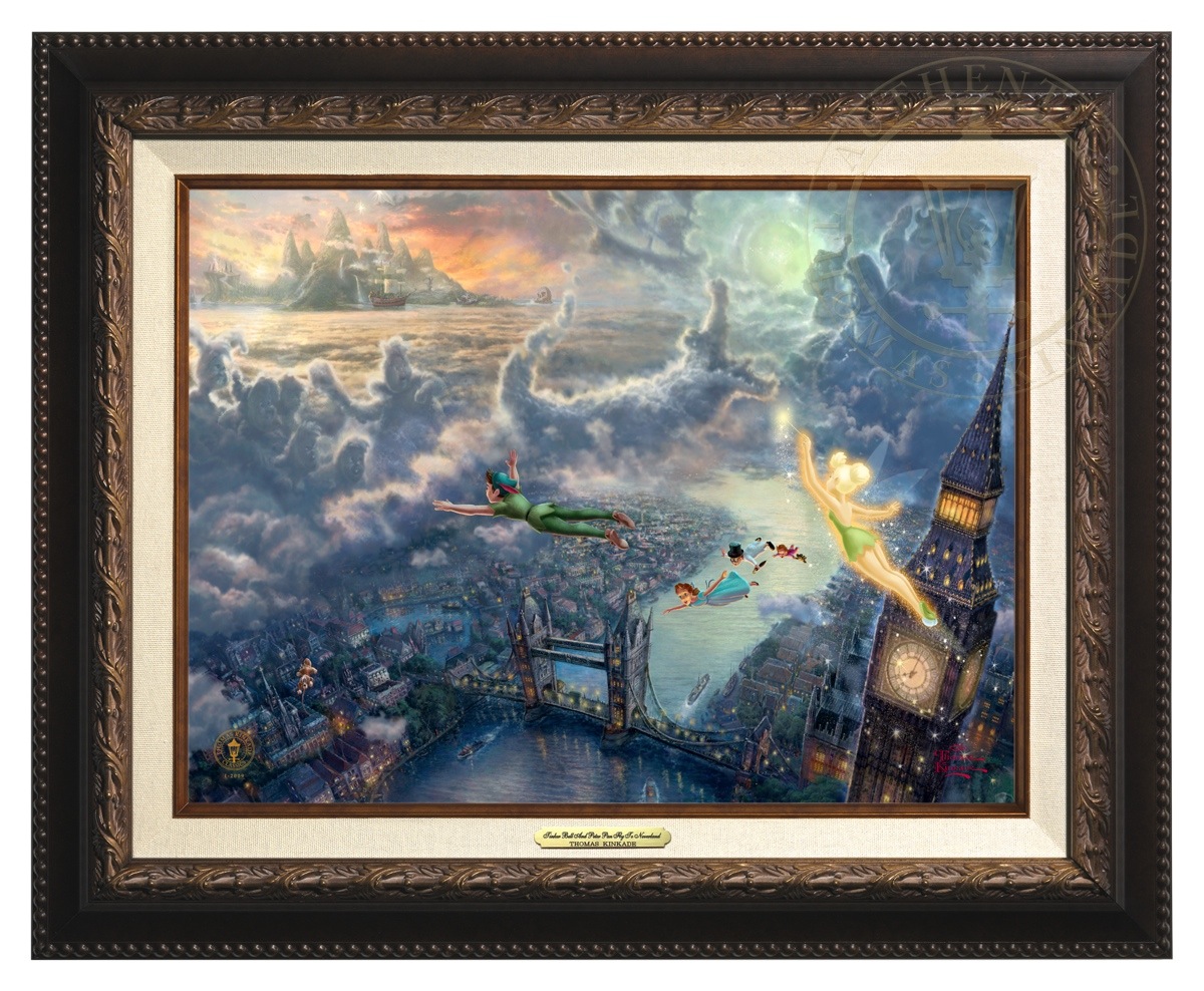 Thomas Kinkade 12" x 16" Framed Canvas Classics:"Disney Tinker Bell and Peter Pan Fly to Never Land"