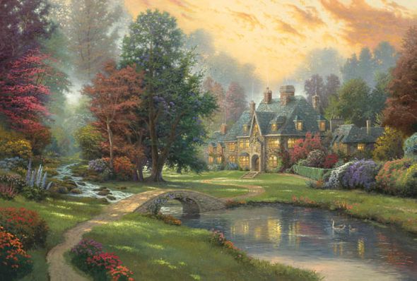 THOMAS KINKADE 18X27 Secondary Market Art: "LAKESIDE MANOR"