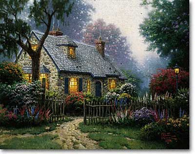 THOMAS KINKADE 24X30 Secondary Market Art: "FOXGLOVE COTTAGE"