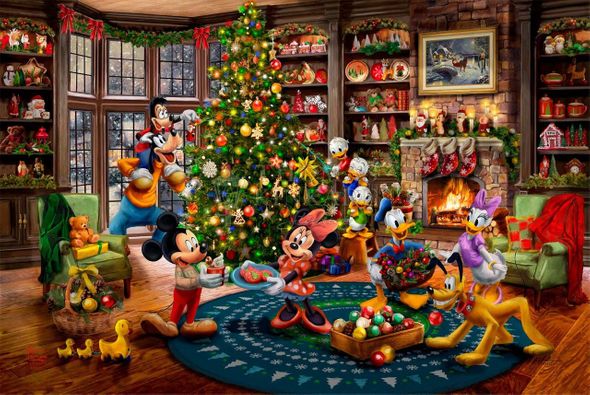 Thomas Kinkade Studios 24x30 Open Edition Gallery Wrap Canvas:"Disney Mickey and Minnie Trimming the Tree"