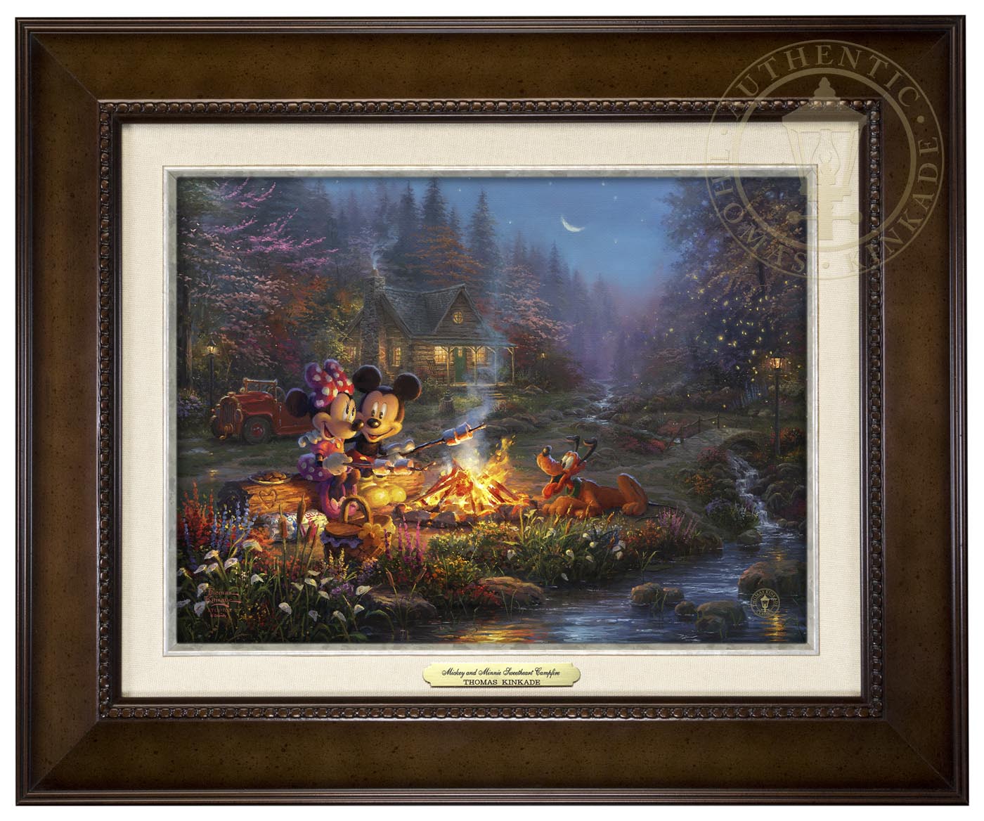 Thomas Kinkade 9" x 12" Framed Canvas Classics:"Disney Mickey and Minnie Sweetheart Campfire"