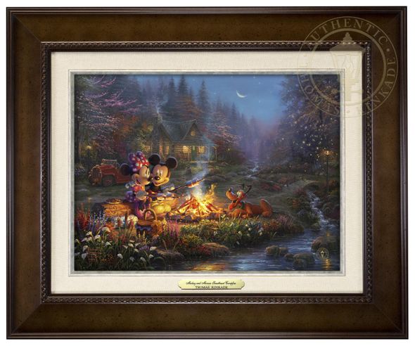 Thomas Kinkade 9" x 12" Framed Canvas Classics:"Disney Mickey and Minnie Sweetheart Campfire"