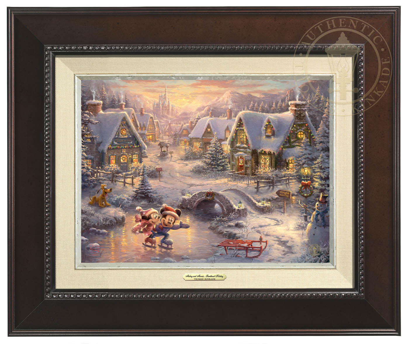 Thomas Kinkade 9" x 12" Framed Canvas Classics:"Disney Mickey and Minnie Sweetheart Holiday"