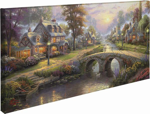 Thomas Kinkade 16x31 Gallery Wrapped Canvas: "Sunset on Lamplight Lane"