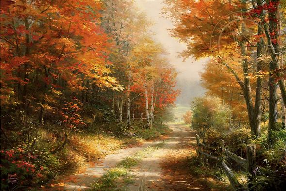 Thomas Kinkade Limited Edition Art:"A Walk Down Autumn Lane"